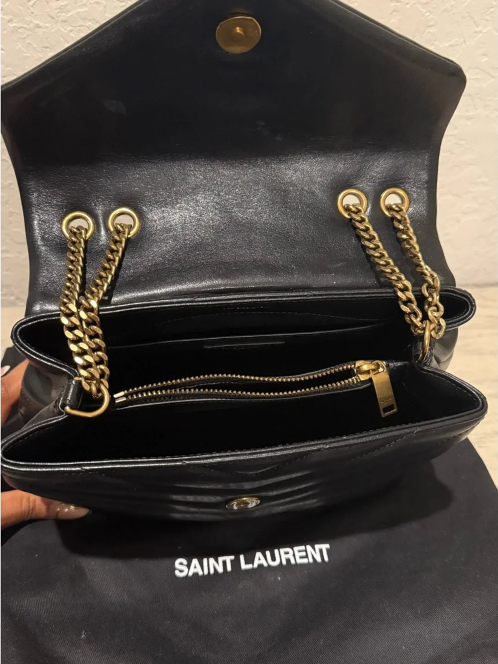 Saint Laurent Black Chevron Quilted Shoulder Bag with Gold YSL - Picture 3 of 3